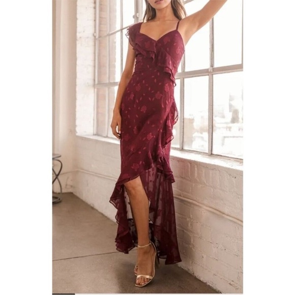 Lulus Forever Be Burgundy Floral Ruffle One-Shoulder Maxi Dress Size M Romantic - Picture 1 of 15